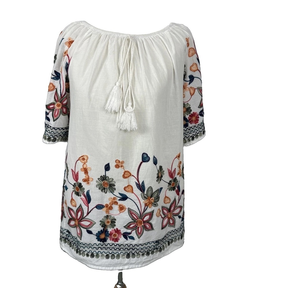 Ana & Rose Embroidered Floral Boho Blouse White Women's Sz M